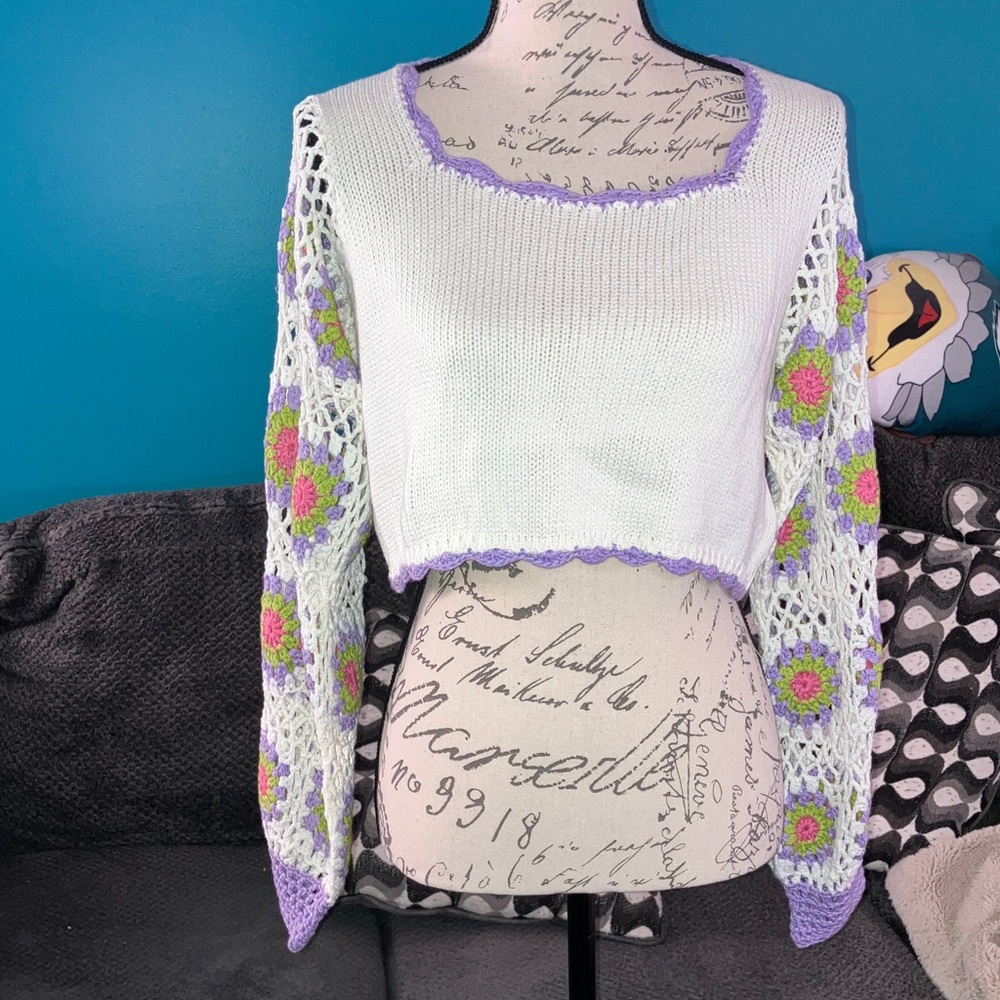 🎉4 for $20 SHEIN MOD Floral Pattern Open Knit Scallop Trim Sweater, Medium